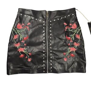Giolshon Embroidered Faux Leather Studded Zip Front XL Biker Boho Festival Skirt